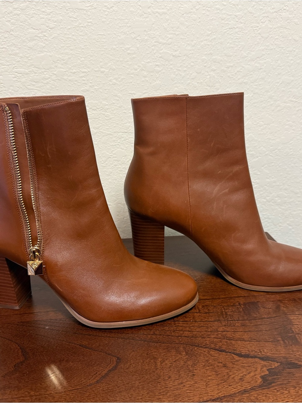 Michael Kors Brown Leather Stacked Heel Ankle Booties with Side Zip